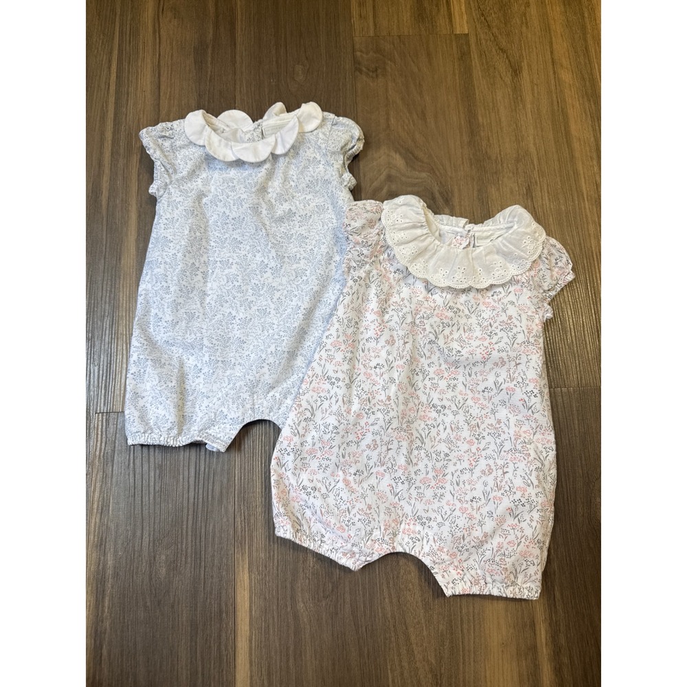 The Little White Company Floral Rompers Baby 3-6 Months Blue Pink Cotton Set 2